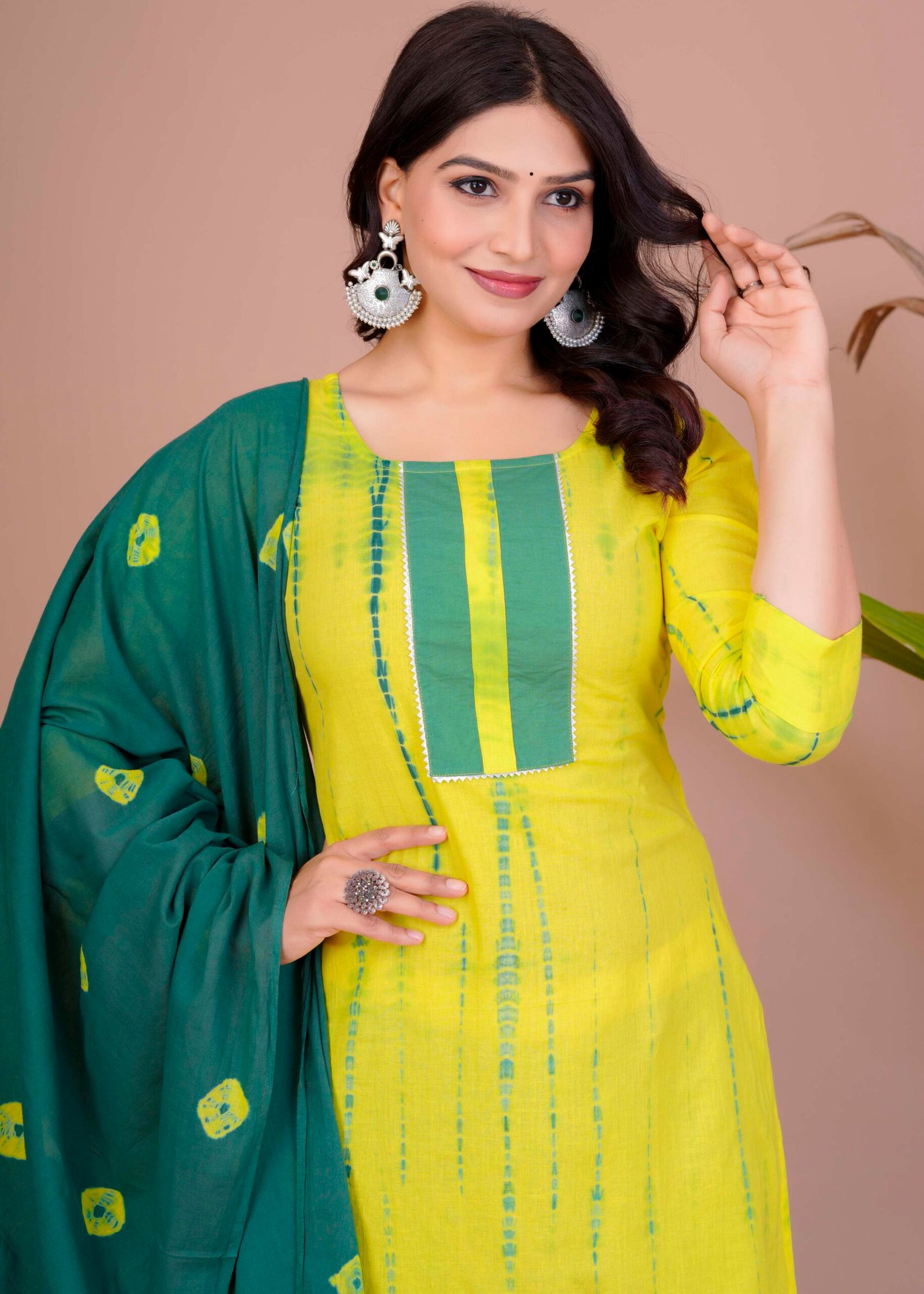 Women's Yellow & Green Cotton Tie-Dye Straight Kurti with Pant & Dupatta Set - Image 3