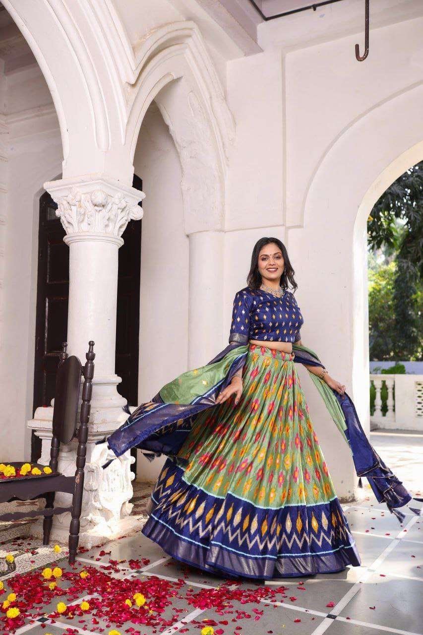 Olive Green Dola Silk Lehenga Choli with Blue Blouse | Patola Print & Foil Work | Wedding & Festive Wear - Image 3