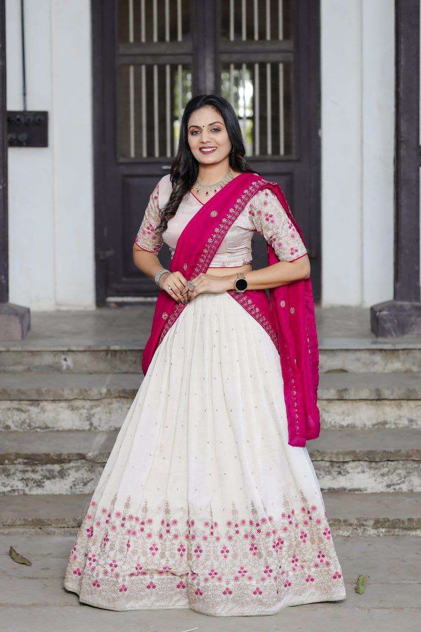 White Vichitra Silk Lehenga Choli with Red Blouse | Sequins & Thread Embroidery | Bridesmaid & Wedding Wear - Image 4