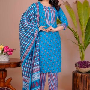 Women's Blue Cotton Printed Straight Kurti with Pant & Dupatta Set