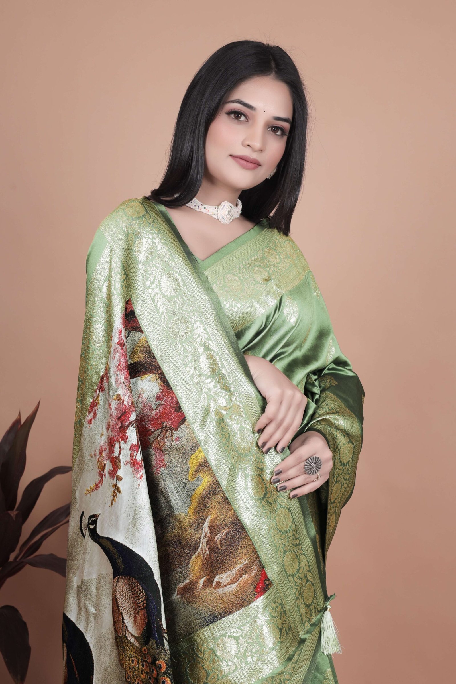 Elegant Sage Green Banarasi Silk Saree with Golden Zari Motifs & Peacock Pallu | Wedding, Festive & Traditional Wear - Image 3