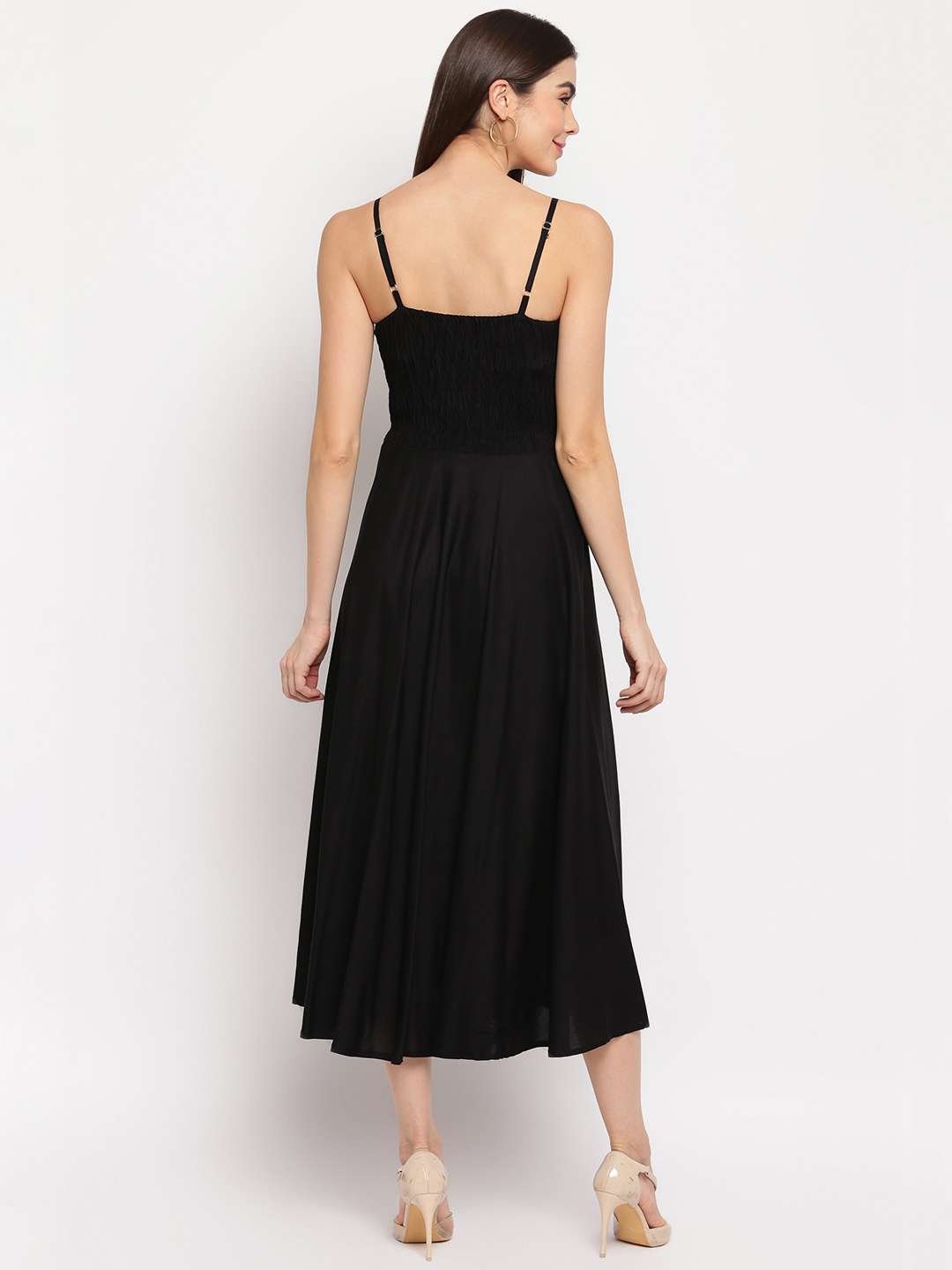 Women's Viscose Rayon Solid Shoulder Straps Sleeveless Flared Gown Drees (Black) - Image 2