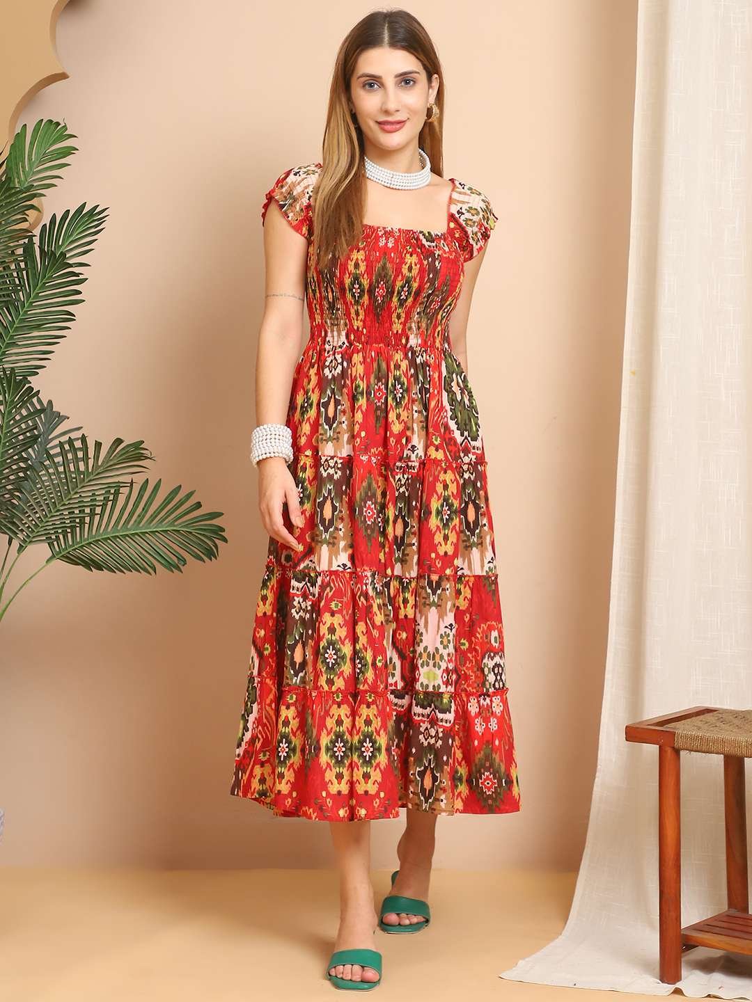 Women's Viscos Rayon Printed Off Shoulder Midi Dress For Summer And Casual Wear (Red) - Image 6