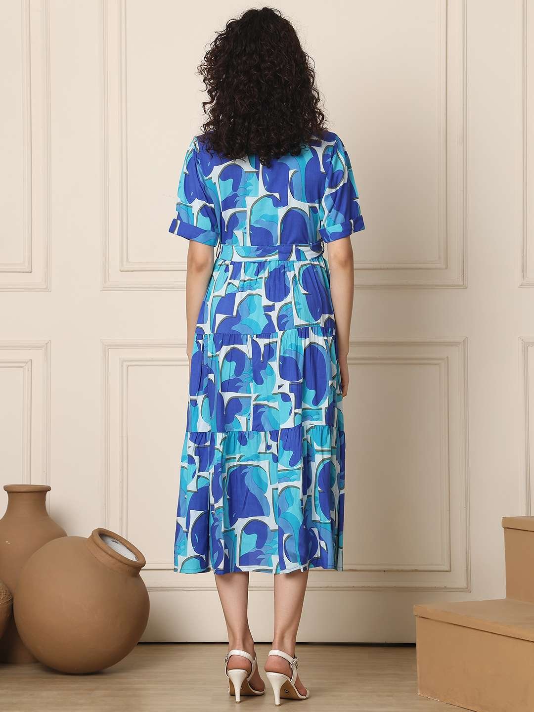 Women's Cotton Printed A-Line Midi Dress | Short Sleeve Flared Gown Dress (Navy Blue) - Image 7