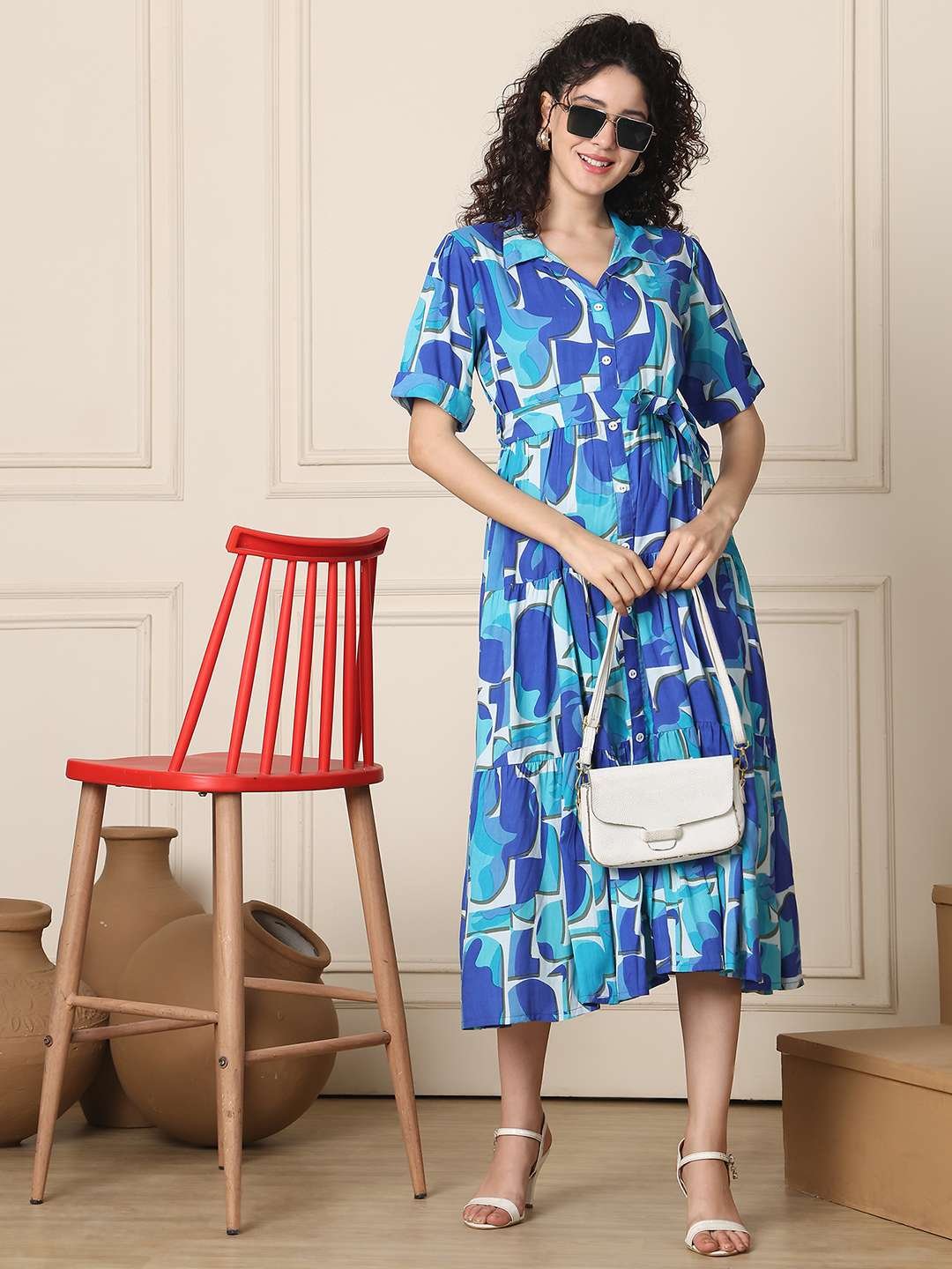Women's Cotton Printed A-Line Midi Dress | Short Sleeve Flared Gown Dress (Navy Blue)